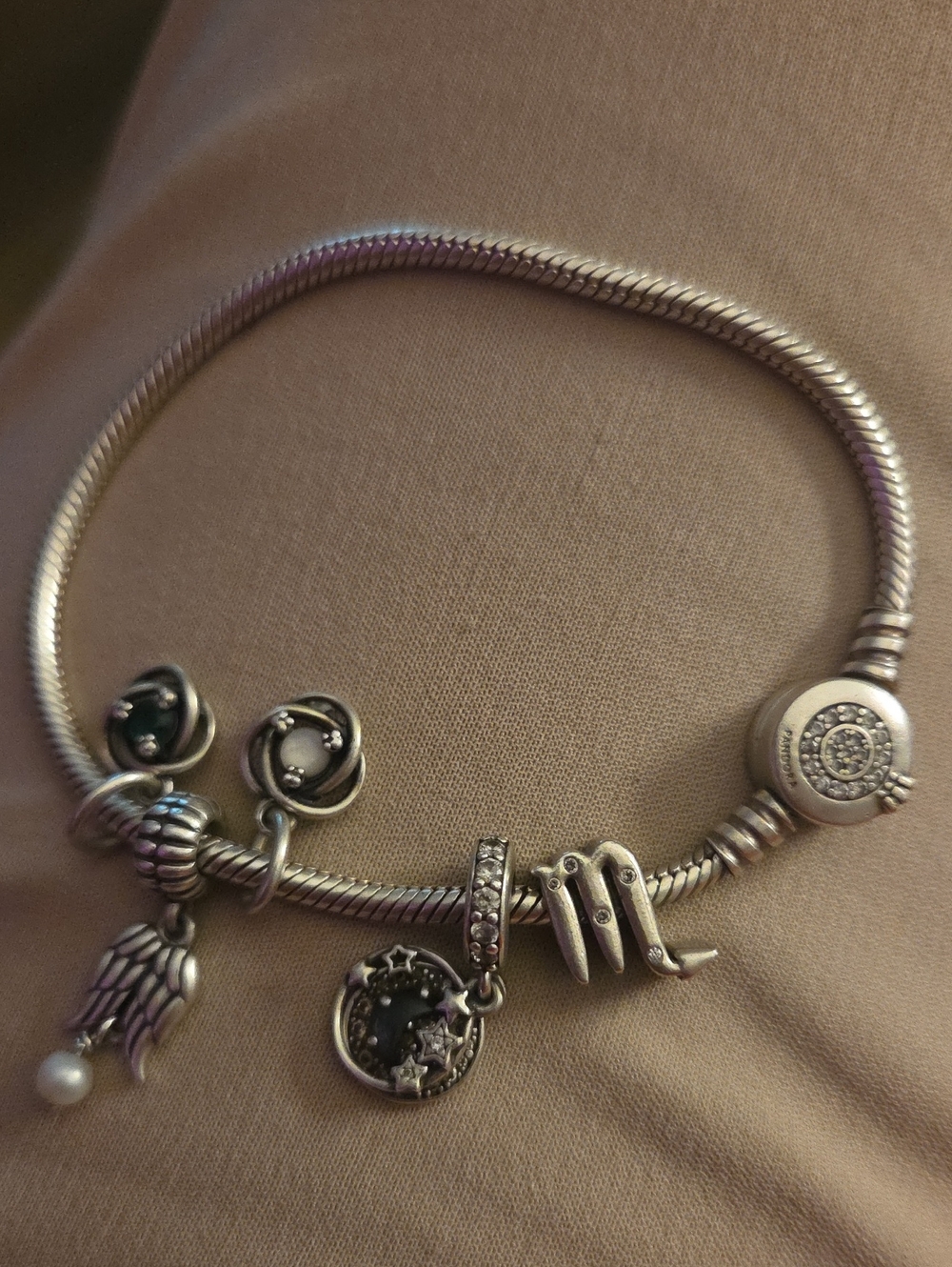 PANDORA Sterling Silver Charm Bracelet with Pearl Diamond and Star Charms